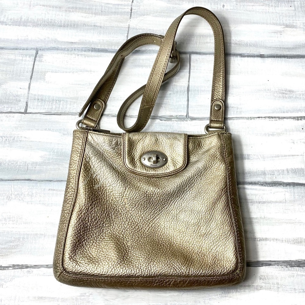 Fossil Pebbled Leather Crossbody Bag Marlow Metallic Champagne Gold Turn Lock